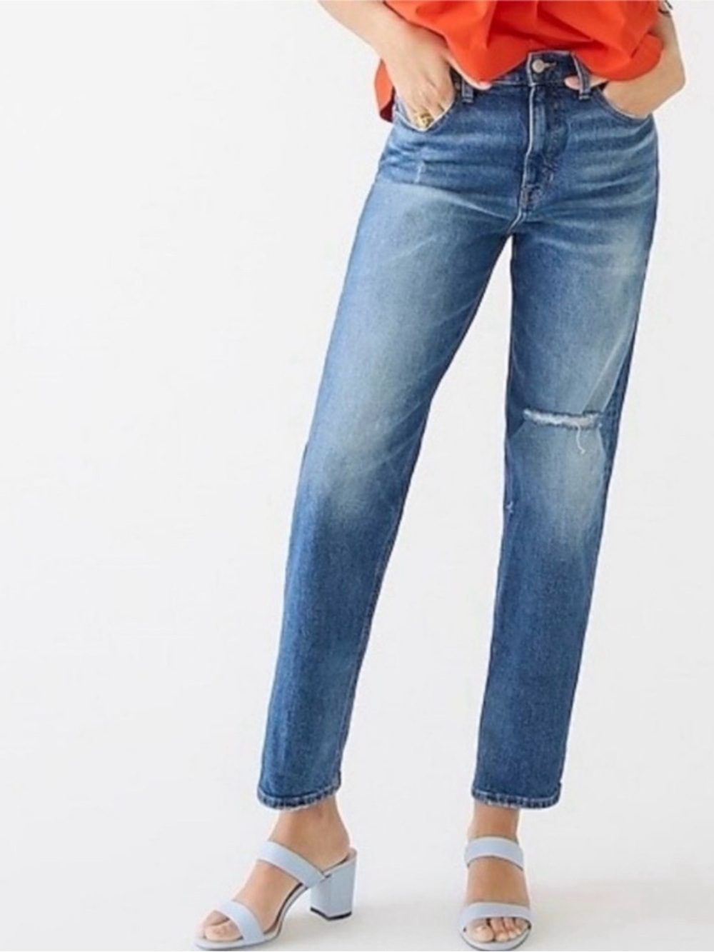 J. Crew Medium Blue Classic Straight Cropped Straight Jeans with Knee Distress
